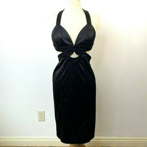 BEBE Black Satin Halter Pencil Dress Cutouts Sexy Evening Cocktail Size Medium